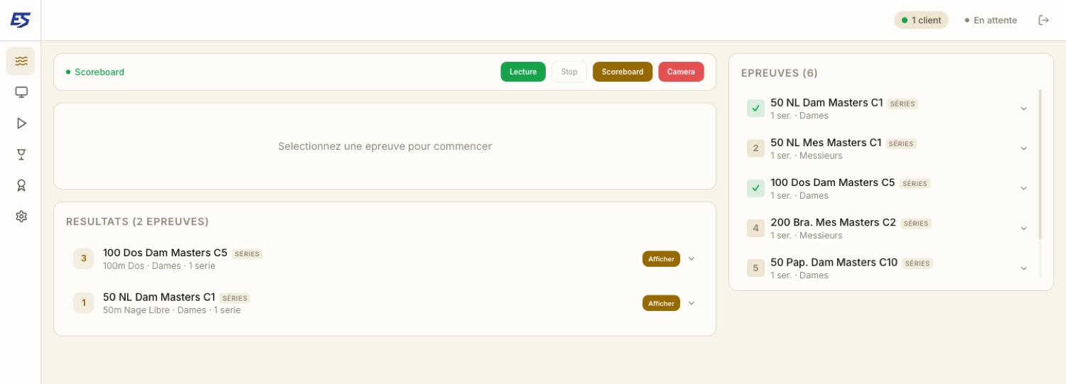 Le dashboard admin, sélection des épreuves et contrôle du scoreboard