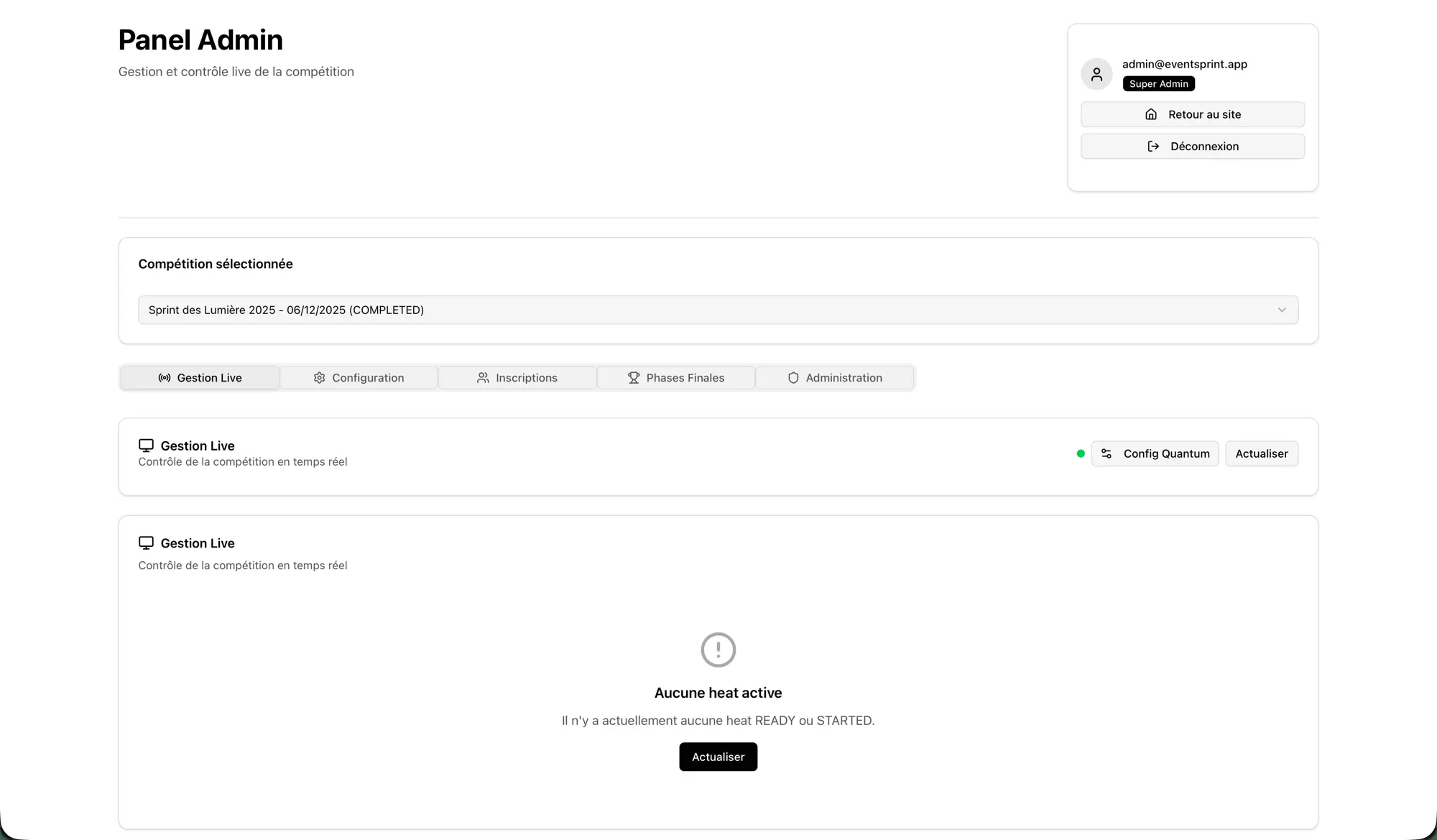 Interface EventSprint de pilotage d’une compétition de natation