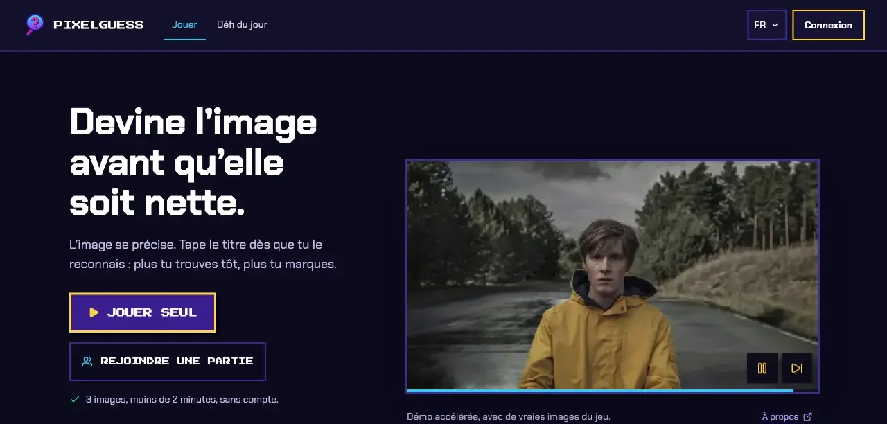 Accueil actuel de PixelGuess, jeu de reconnaissance d’images